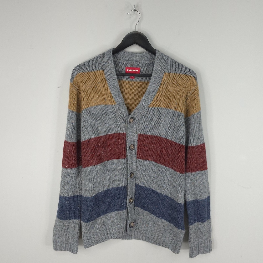Unionbay Sweater Mens Small Gray Striped Acrylic Cardigan Preppy Grunge